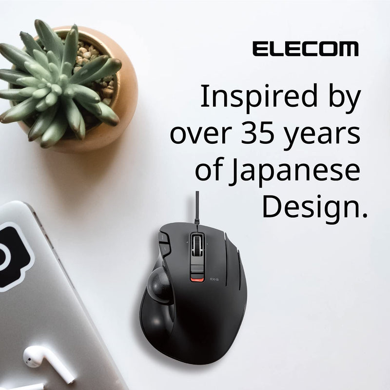 ELECOM EX-G Trackball Mouse, 2.4GHz Wired, Thumb Control, Ergonomic Design, 5-Button Function with Smooth Tracking, Ergonomic Design, Optical Gaming Sensor, Windows11, macOS (M-XT2URBK-G) Black / Black ball