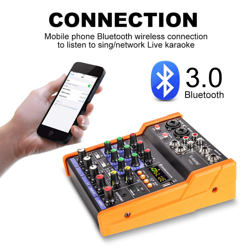 G-MARK Analog Mixer Audio 4 Channel DJ Audio Mixer Bluetooth Studio Karaoke For PC Live Performance KTV Home Stage Music Effects Sound Card Protable Mixing Console PTM-4