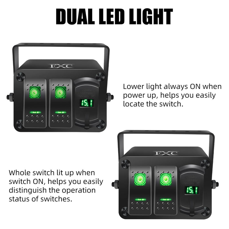 FXC 2 Gang Aluminum Rocker Switch Panel Green Backlit with PD Type C and QC 3.0 USB Charger Voltmeter Waterproof 12V 24V DC Rocker Switch Box for Car Trucks Boats RVs 2 Gang Green