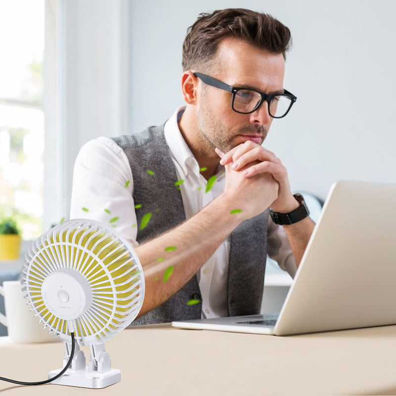 JZCreater USB Desk Fan, 5INCH Mini Fan, 3 Speeds Adjustable Desktop Table Cooling Fan in Single Button , Rotation Strong Wind, Quiet Personal Mini Fan for Home Desktop Office Travel,（White） White Yellow