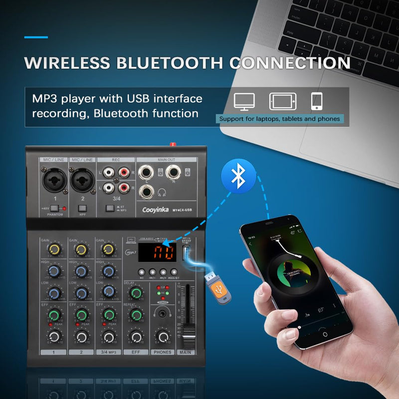 Dj Mixer, Audio Mixer for PC 4 Channel Bluetooth Sound Board with USB Interface, Cooyinka Mixer Audio Built-in 48V Phantom Power Sound Card for Live Streaming, Podcasting/Black