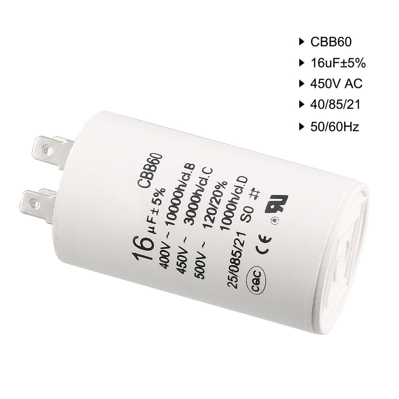 sourcing map CBB60 Operating Capacitor 16uF 450V AC Double Insert 50/60Hz Cylinder 75 x 37 mm White for Air Compressor Water Pump Motor