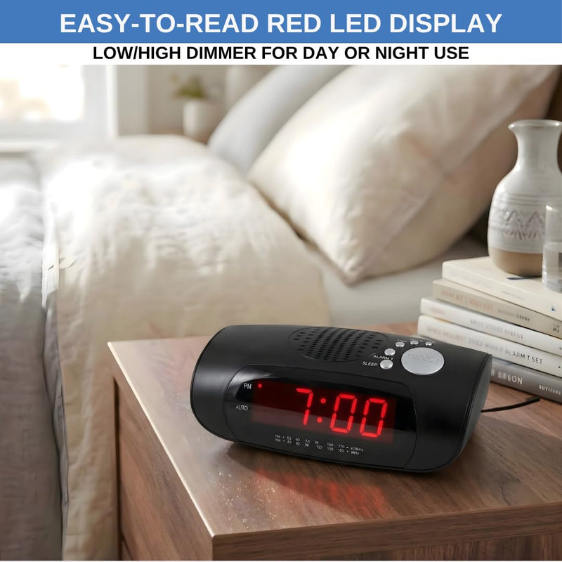 Digital Alarm Clock Radio for Bedroom with AM/FM Radio, USB Charging Port for Phone, Red LED Display, Wake to Radio or Buzzer, Snooze, Sleep Timer, AUX Input, Battery Backup