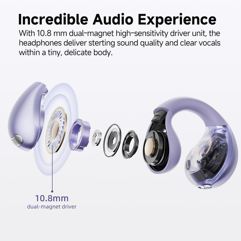 QCY Crossky C30 Open Ear Headphones Wireless Bluetooth, Clip-On Earbuds with 4 ENC Noise Cancelling Mic, Stable Fit, Dual Connection, EQ Customized, Sports Earphones for Workout/Running Purple
