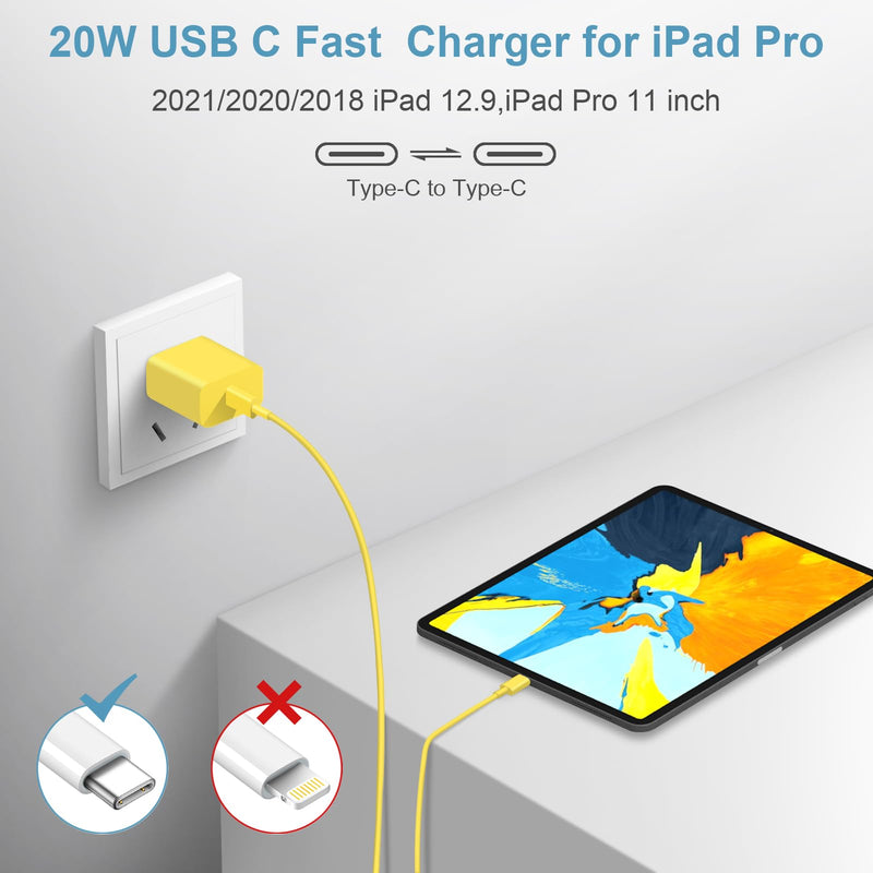 iPhone 15 Charger USB C Wall Charger iPad Pro Charger Block 2 Pack with 2 Pack 6FT Cable for iPhone 15/15 Plus/15 Pro/15 Pro Max/iPad Pro/Mini/Air/Air4/AirPods/Samsung(Yellow) Yellow