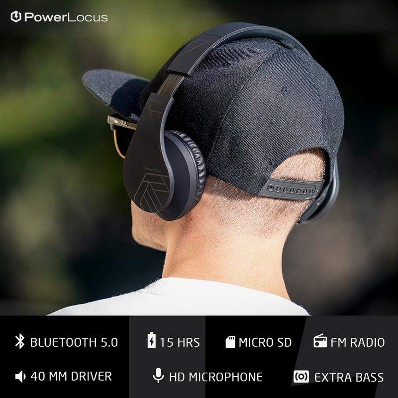 PowerLocus Bluetooth Headphones Over Ear, Foldable Headphones Wireless, Micro SD/TF, FM Radio for Travel/Tablets/PC (Black and Grey Carry Case)