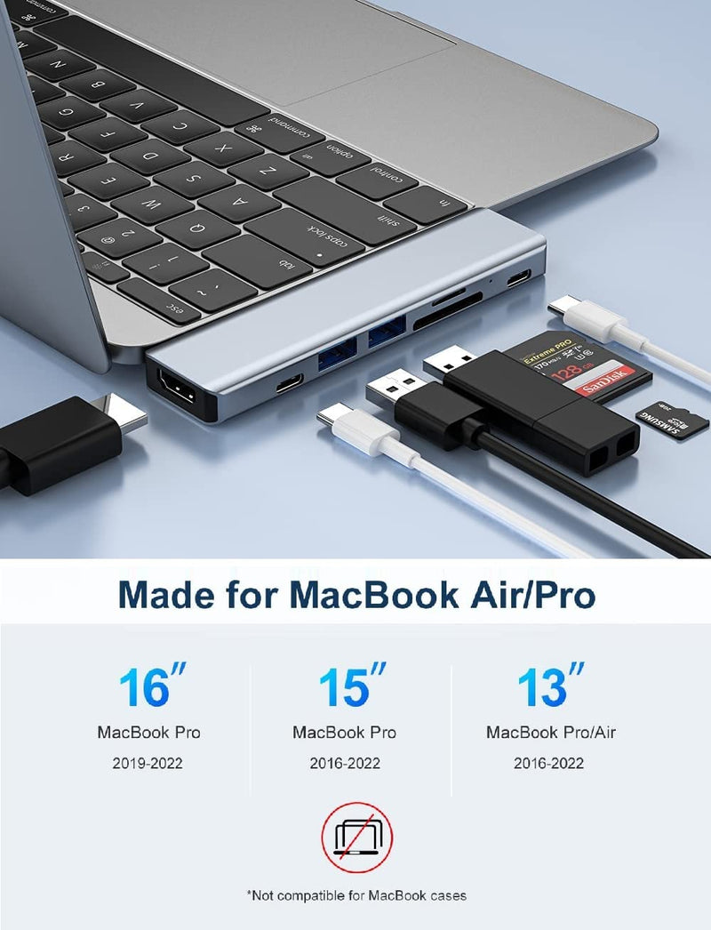 USBC_7_in_2_Hub : 7 in 2 USB C Hub Compatible with MacBook. 1 USB C & 2 USB A Data Ports, 1 SD & 1 microSD Card Reader Ports, 1 USB C (Thunderbolt 3) 87W Power Delivery Port, 1 4K HDMI Port.