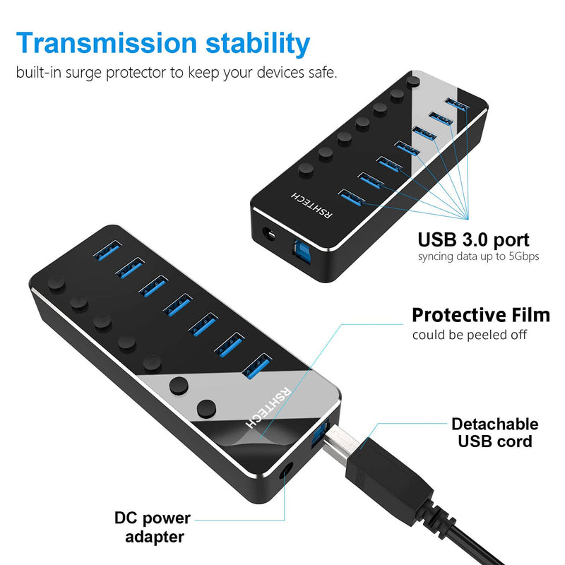 RSHTECH 7 Port Powered USB 3.0 Hub with 5V Adapter + ROSONWAY 4 Ports USB 3.1 Gen 2 Hub 10Gbps with 5V Power Adapter