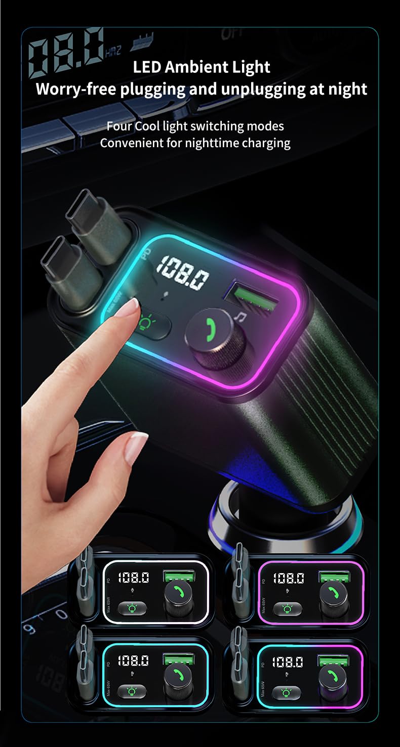 3 in 1 Retractable Car Charger Adapter & FM Transmitter Bluetooth Mp3 Player- Max 65W + 18W with 2 PD Fast Charging,2 Retractable Cables & USB-A Music Playback for iPhone,iPad,Samsung,Pixel
