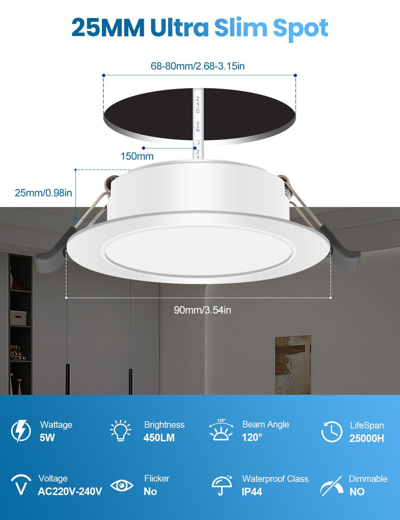 COTLEDL LED Recessed Spotlight, 230 V Flat, 10 LED Spotlights, 5 W, Neutral White, 4000 K, 68-80 mm Hole Size, IP44 Bathroom Recessed Lights, 450 LM Ceiling Spotlights for Bathroom, Living Room Neutral White 4000k Set of 10