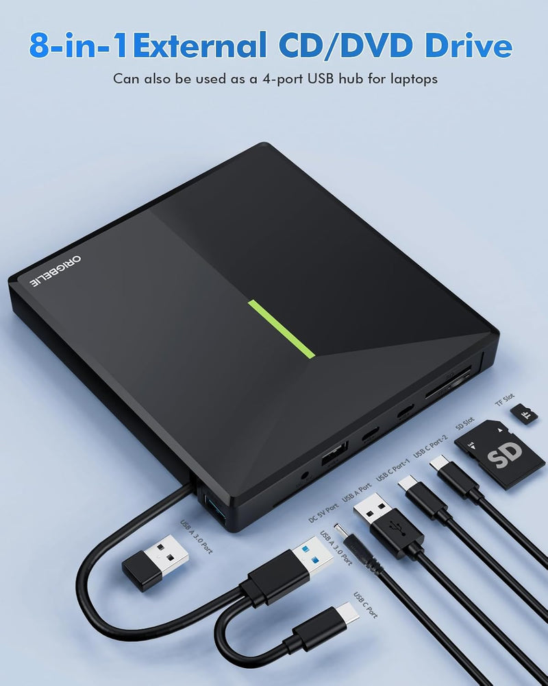ORIGBELIE External CD/DVD Drive for Laptop, USB 3.0 DVD Player with 4 USB Ports & 2 TF/SD Card Slots, Portable CD/DVD +/-RW Drive Burner Reader Writer for Desktop PC Windows 11/10/8/7 Linux Mac OS RGB Black
