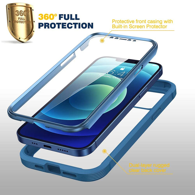 Diaclara Designed for iPhone 12/12 Pro Case, Full Body Rugged Case with Built-in Touch Sensitive Anti-Scratch Screen Protector, Soft TPU Bumper Case for iPhone 12/12 Pro 6.1" (Blue and Clear) iPhone 12 & iPhone 12 Pro 6.1" Blue and Clear