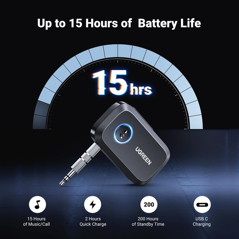UGREEN 5.3 Aux Bluetooth Adapter for Car, [Greater Connection] Bluetooth Aux Adapter for Car, Bluetooth aux for Wireless Audio Receiver for Home Stereo/Wired Speaker, 15H Battery Life Black