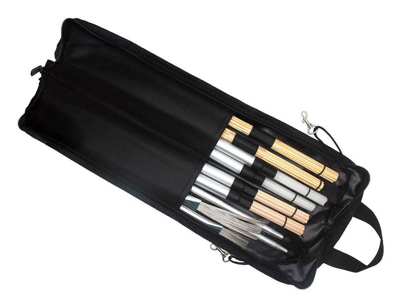 Drum Stick Bag case Percussion Drum Mallet Bag with an External Pocket and Floor Tom Hooks Holds 10-12 Pairs Drum Sticks Mallets Brushes Black