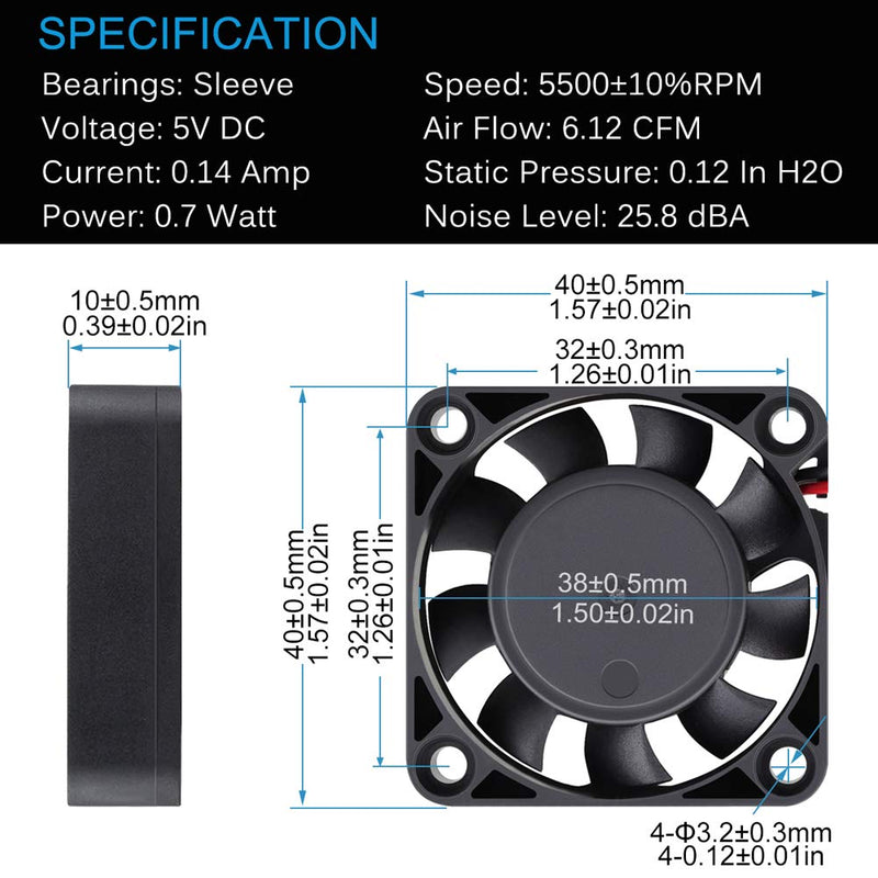 GDSTME 40mm USB Fan for VR Gear, Aquarium, Roku, Router, Raspberry Pi, Cosplay, Helmet Cooling Ventilation 40x40x10mm