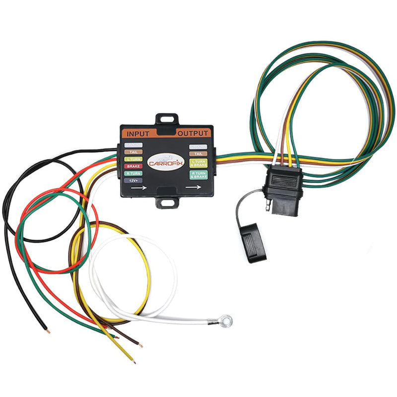 Powered 3-to-2-Wire Trailer Tail Light Converter with 1.5ft Leads and 4.8ft 4-Way Wiring Harness Connector - LED Compatible