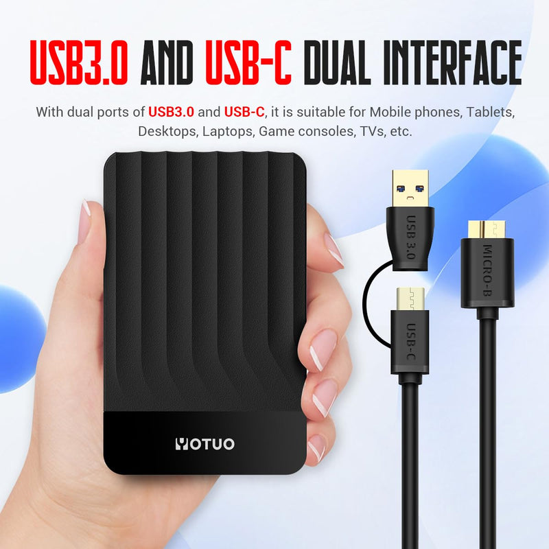 YOTUO 500GB External Hard Drive, Portable Storage Expansion HDD, USB 3.0 & USB-C for PC, Mac, Desktop, Laptop, Smartphone, PS4, Xbox One, Xbox 360, Office & Game Black 500 GB