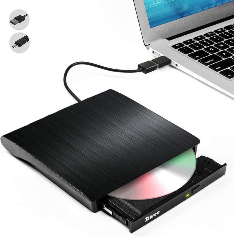 Ziweo External CD DVD Drive, Portable USB 3.0 Type-C CD Burner CD +/-RW Drive DVD Player for ROM Rewriter Burner Compatible with Laptop Desktop PC Windows MacBook Linux Mac OS Upgrade Black