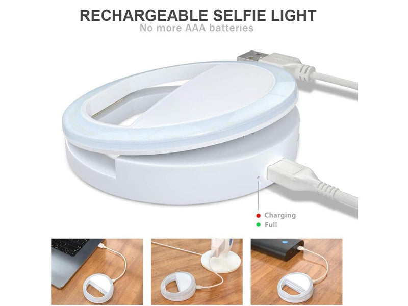 Selfie Ring Light for iPhone, Android, Tablet - Rechargeable Ring Light | Laptop Camera Photography and Videography | 3 Adjustable Light Levels | Beauty and Influencer Clip-on Selfie Ring Light