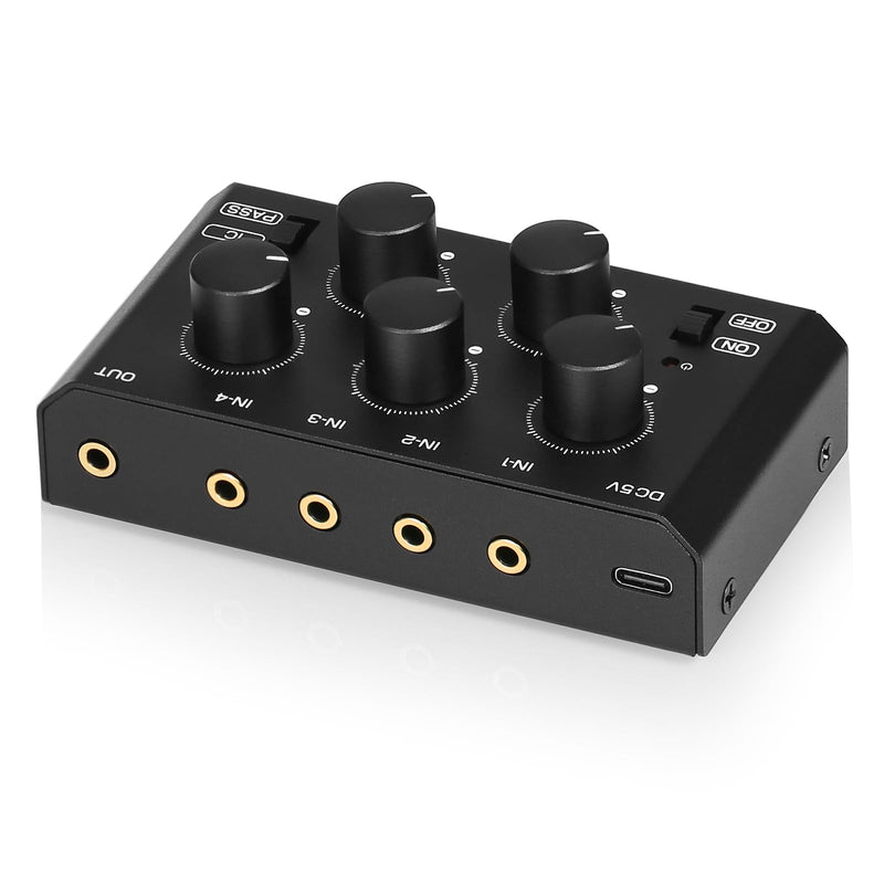 DoukAudio MC5-BX Mini Audio Mixer: 4-Channel Ultra Low-Noise Stereo Line Mixer for Home Studio Bar, Active & Passive Modes, Portable Metal Design for Musicians DJs