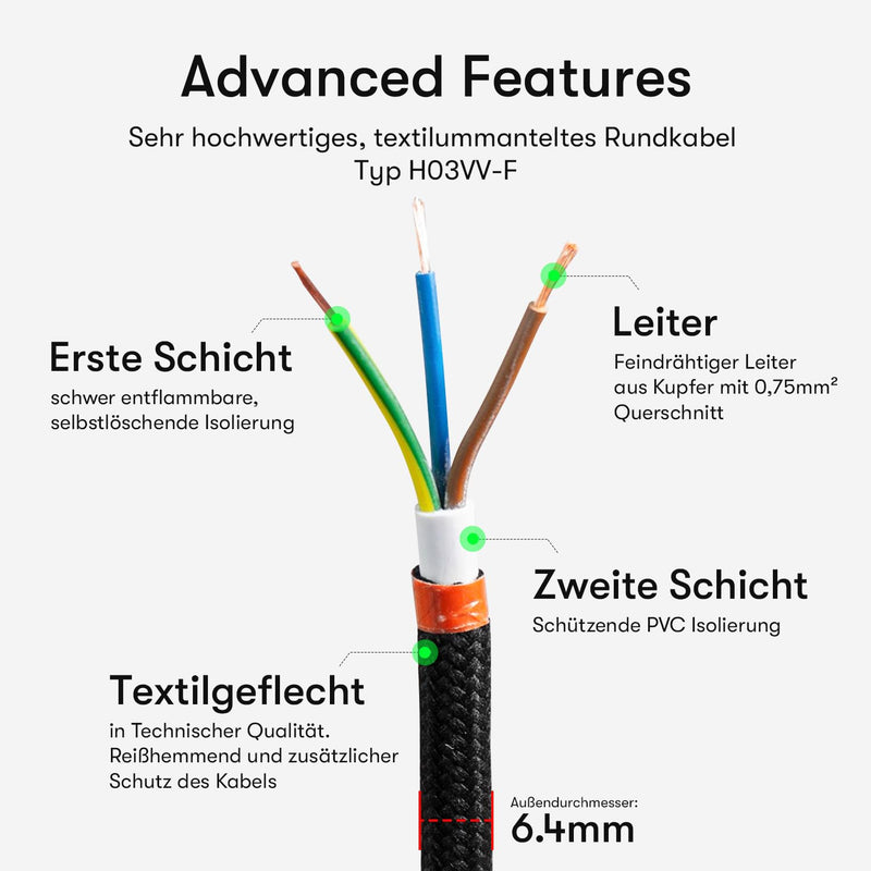 Textile Cable for Lamps, Textile-Coated Round Cable, Three-Core, 3 x 0.75 mm², Gold, black 3 Meter