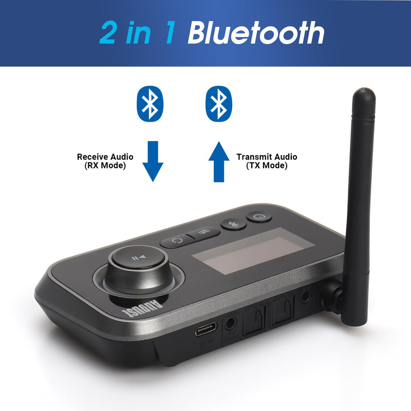 Bluetooth 5.0 Audio Transmitter Receiver Dual Connection for TV Headphones and HiFi Speakers - August MR280 - Multipoint, Low Latency, Stereo, Volume Control, Optical RCA Jack 3.5mm Mains Powered USB