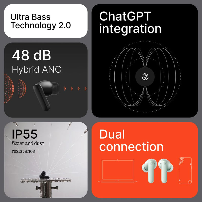CMF BY NOTHING Buds 2 Wireless Earbuds, Bluetooth Headphones with 48dB Hybrid ANC, Ultra Bass Technology Active Noise Cancellation Earphones, 55 Hours Playtime, 6HD Mics, ChatGPT Integration Orange
