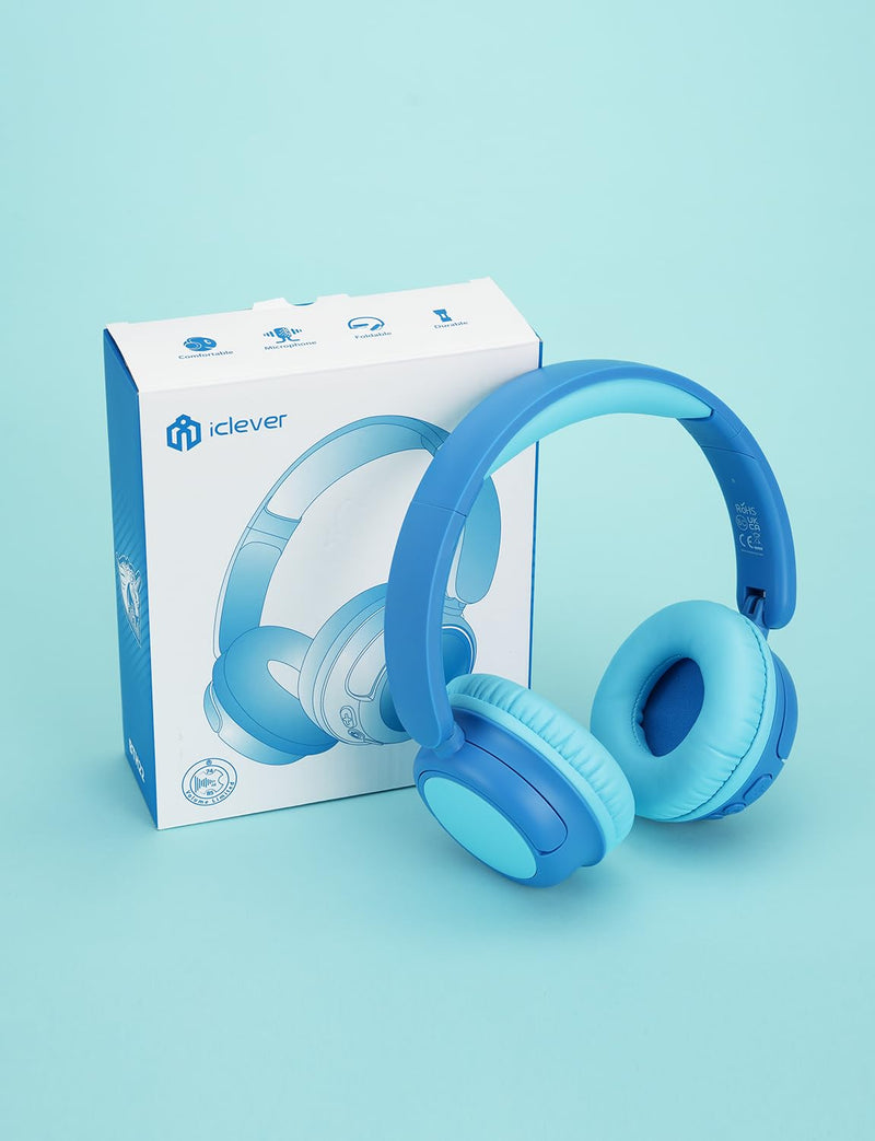 iClever BTH22 Kids Bluetooth Headphones, 60H Play Time, 74/85 dBA Safe Volume, Bluetooth 5.4, USB C, Over Ear Kids Headphones Wireless with Mic AUX Cord for iPad/Tablet/Travel/School, Blue