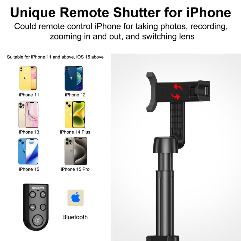 Newmowa Phone Remote Selfie Stick, Extendable Tripod with Rechargeable Detachable Remote for iPhone Video Photo Shooting/Zooming/Lens Switching, Compatible with iPhone 11 and Above(iOS 15 Above)