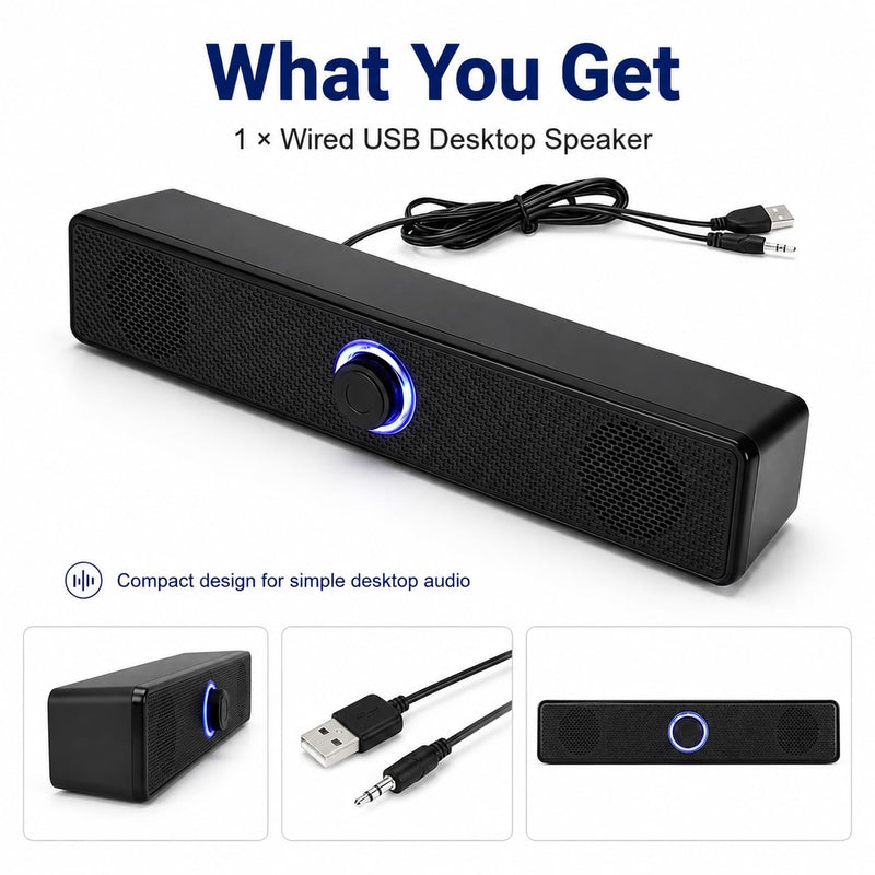 Computer Speakers USB-A Powered Wired Stereo Desktop Speaker,Portable,with 3.5mm AUX, Volume Knob LED Ring for PC Laptop No Bluetooth,Computer accessorie Black