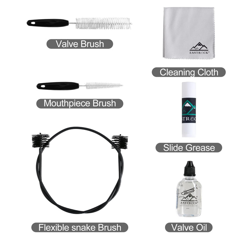 EASTROCK Trumpet Cleaning Kit,Trumpet Care Kit 6PCS,Valve Oil, Slide Grease,Cleaning Cloth,Valve Brush,Mouthpiece Brush and Flexible Snake Brush