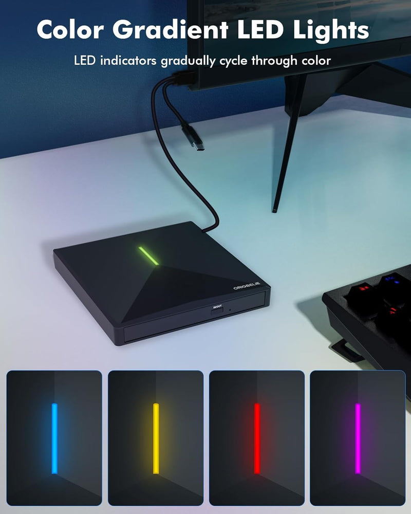 ORIGBELIE External CD/DVD Drive for Laptop, USB 3.0 DVD Player with 4 USB Ports & 2 TF/SD Card Slots, Portable CD/DVD +/-RW Drive Burner Reader Writer for Desktop PC Windows 11/10/8/7 Linux Mac OS RGB Black