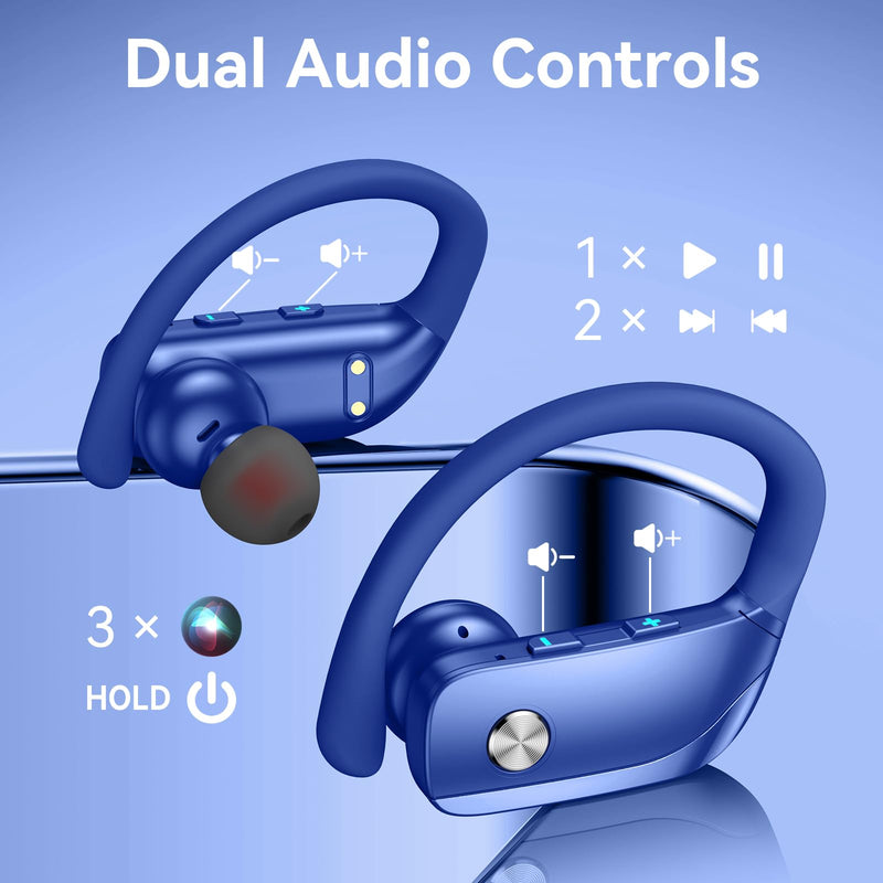 bmani Ear Buds Wireless Earbuds Bluetooth Headphones with 80H Playtime LED Display Case, Over-Ear Hook with Mic, Stereo Sound, Easy Button Controls, Sports Earphones for Running Workout Gym Blue AI Buds Pro