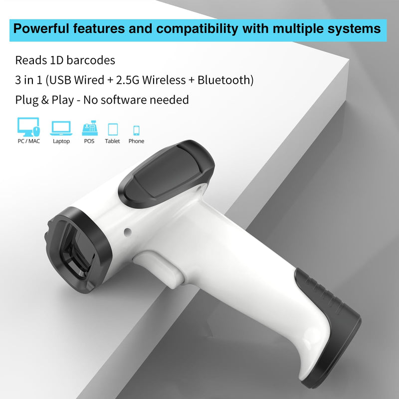 Laser Wireless Handheld Barcode Reader with Stand Bluetooth & 2.4Ghz and USB Wired 3 in 1 Working 1800mAh for Computer POS, Handheld 1D Bar Code Reader for Warehouse Library Supermarket B