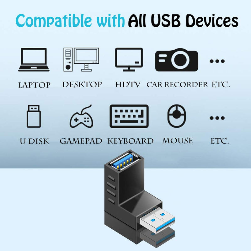 Warmstor 4-Pack USB 3.0 Male to Female Adapter 90 Degree Up Angle and Down Angle USB Cable Extender Connector - Upgraded Version Max 2A Charging Speed