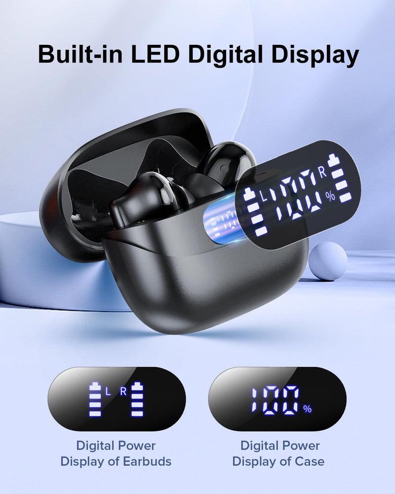 Wireless Earbuds, 42H Playtime Bluetooth 5.3 Headphones, HiFi Stereo Call Noise Cancelling Earbuds, IPX7 Waterproof Stereo in-Ear Earphones with LED Display for iOS Android Cell Phone (Black) Black