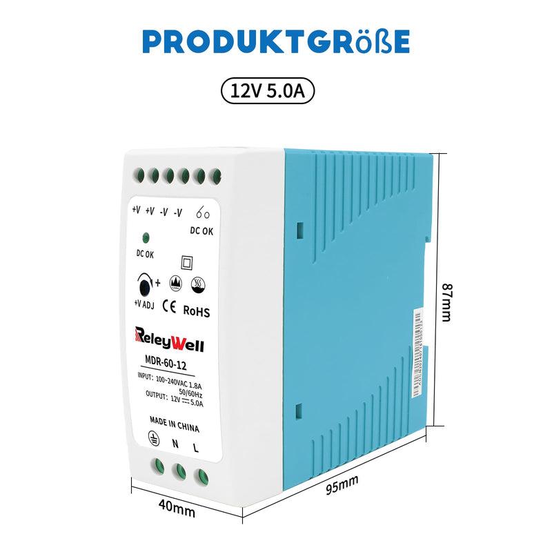 ReleyWell, MDR-60-12 DIN Rail Power Supply 12 V, 60 W, 5 A; Transformer 230 V to 12 V LED, DIN Rail, 12 Volt Power Supply, Bell Transformer, ReleyWell, MDR-60-12 12V 60w