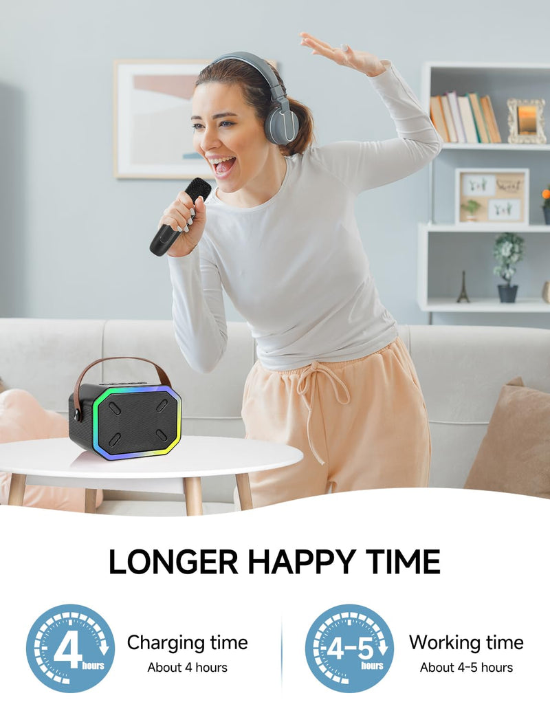 [AUSTRALIA] - Karaoke Machine for Kids and Adults, Mini Portable Bluetooth Speaker with 2 Wireless Microphones, Led Lights for TV, Kids Gifts for Girls Boys Family Party Birthday (Black) Rectangle Black 