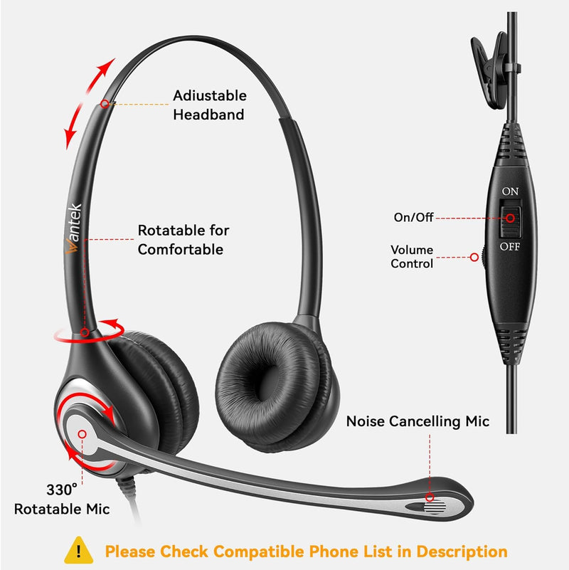 [AUSTRALIA] - Wantek Phone Headset with Microphone Noise Cancelling,Telephone Headset 2.5mm Jack Compatible with Panasonic AT&T Uniden Cisco Linksys Grandstream Vtech Polycom Cordless Office Phones 602-2.5 