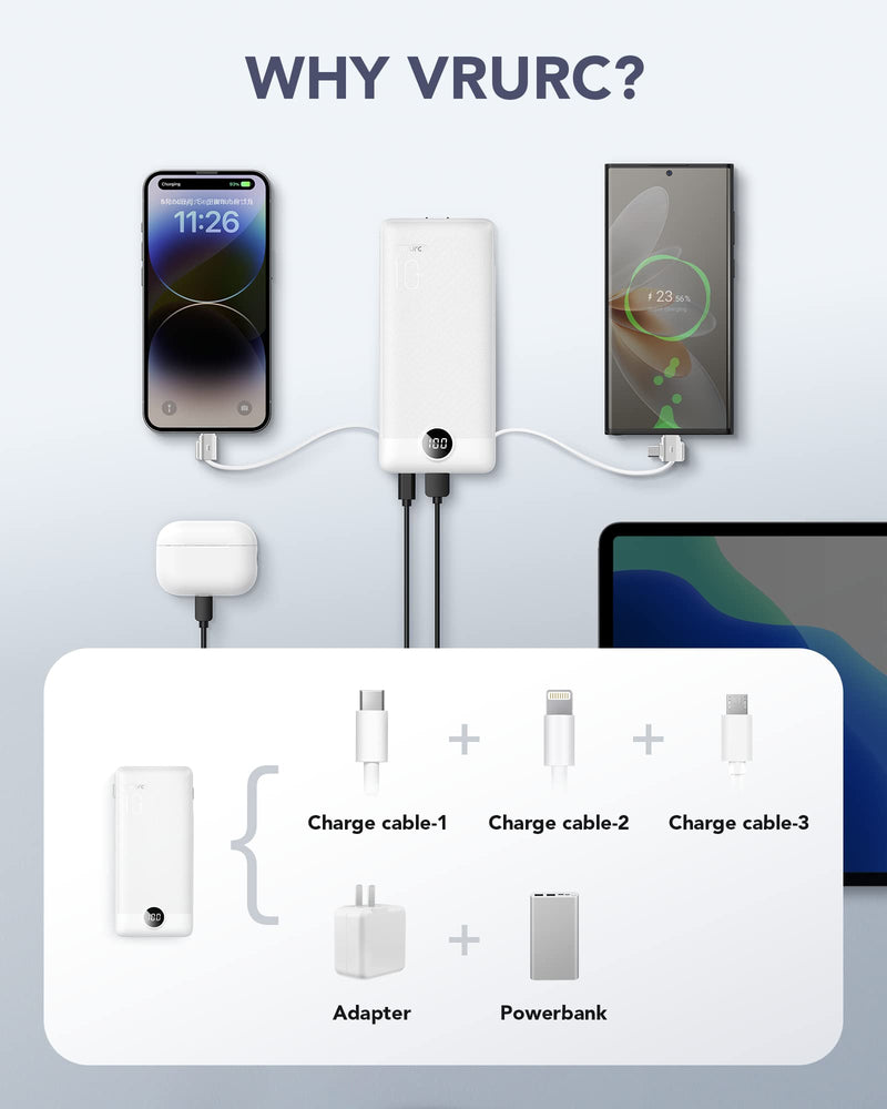 VRURC Portable Charger Built-in Cables and AC Wall Plug, USB C Power Bank 10000mAh, [2023 Upgraded Version] Phone Charger Compact Lightweight External Battery Pack for Smart Phones, Tablets etc-White White