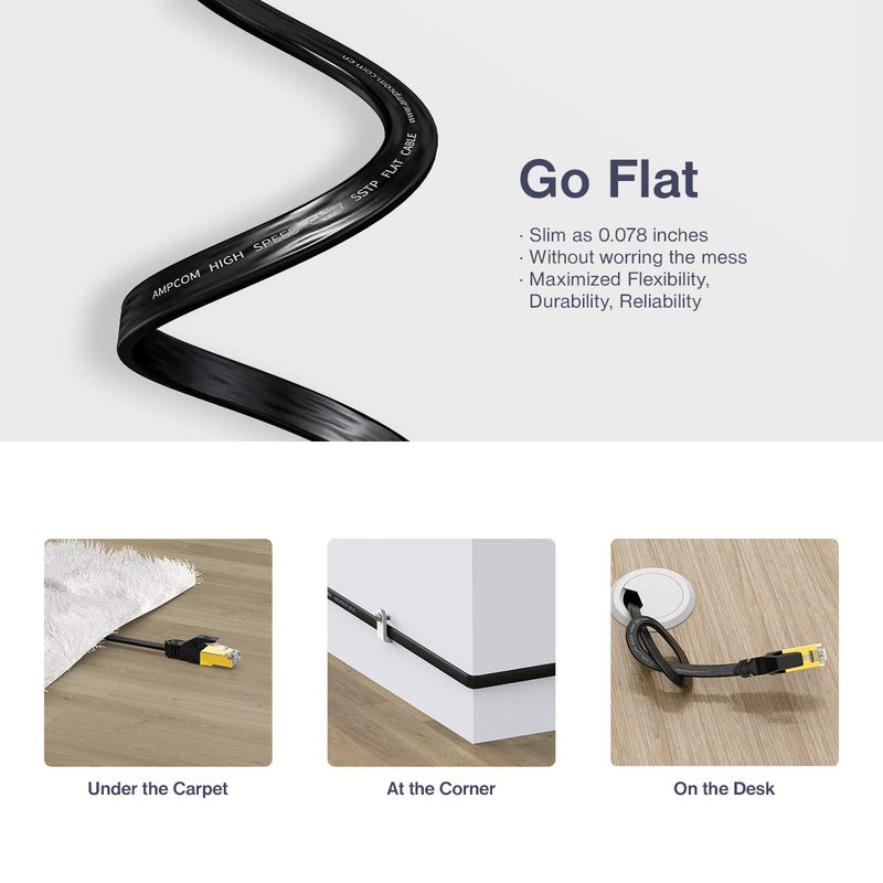 AMPCOM CAT7 Ethernet Cable 100ft, Flat & Slim (0.78″) High Speed 10 Gigabit Internet LAN Network Cable Cord with Gold Plated RJ45 Plug for Switch, Gaming, Router, Modem- Black 100ft