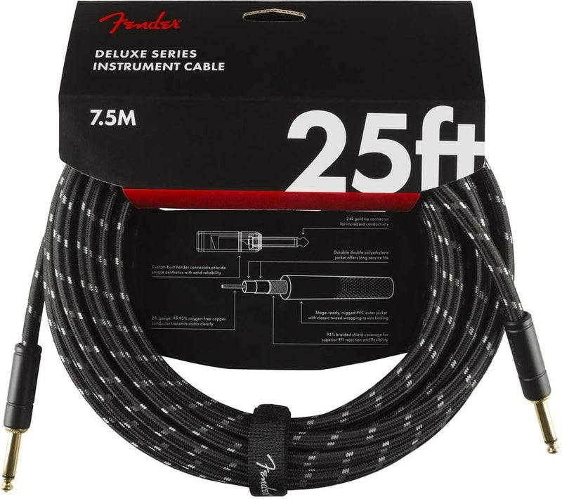 Fender Deluxe Series Instrument Cable, Guitar Cable, Stocking Stuffers, Guitar Accessories, Straight/Straight, Black Tweed, 25ft