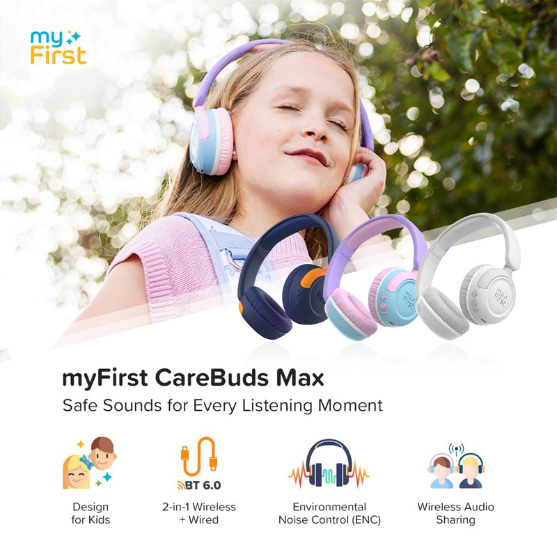myFirst CareBuds Max Kids Headphones, Wireless & Wired Headphones for Kids | with Mic, Bluetooth, 85/94dB Volume Limit, 52H Playtime, Fast Charge, Dual Audio Sharing, on Ear Toddler Headphones Cotton Candy