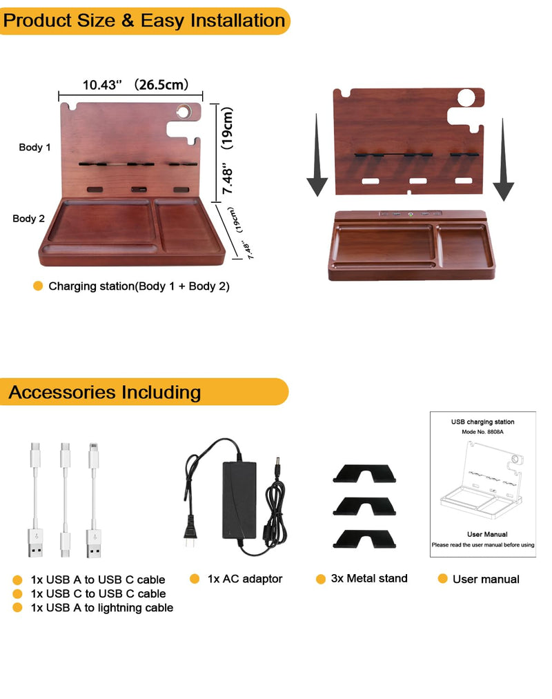 Wood Phone Docking Station with 4 USB 22.5W PD & QC3.0 Fast Charger,Nightstand Organizer for Men, Dual Phone Charging Station for iPhone Samsung Google Android,Anniversary Birthday Gifts for Men Him 8808