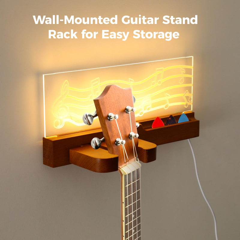 Homaisson Guitar Wall Mount Stand with LED Lights - Wooden Guitar Hanger Shelf with Pick Organizer for Acoustic Electric Guitar Bass, Music Gifts for Men Guitar Players Boyfriend