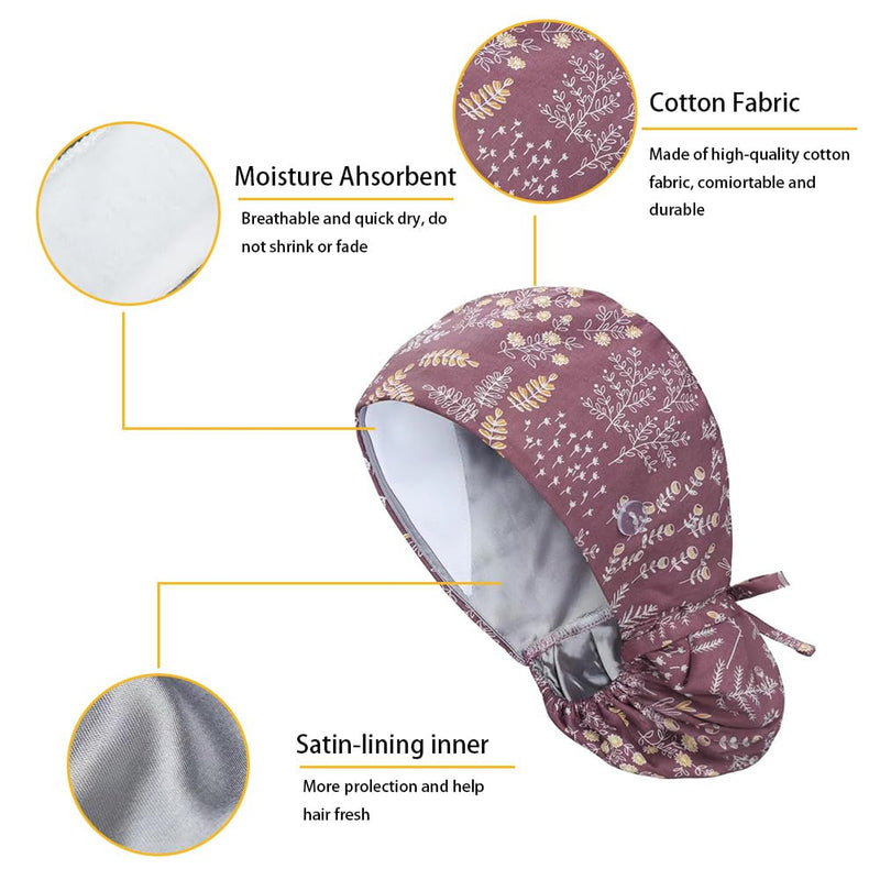 [AUSTRALIA] - 6 x Women's Surgical Caps with Satin Lining, Adjustable Fabric with Button, Ponytail Work Cap with Sweatband Hoods, Cotton Print Surgical, Chef's Hat, Dust Cap, One Size, multicoloured 