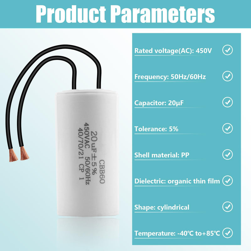 CBB60 450V 20Uf Capacitor Starting Capacitor 50/60Hz Motor Capacitor Work Capacitor Cable Start Microfarad Operation with M8 Wires for Electric Motor, Dryer, Pump, Pool, Air Conditioning