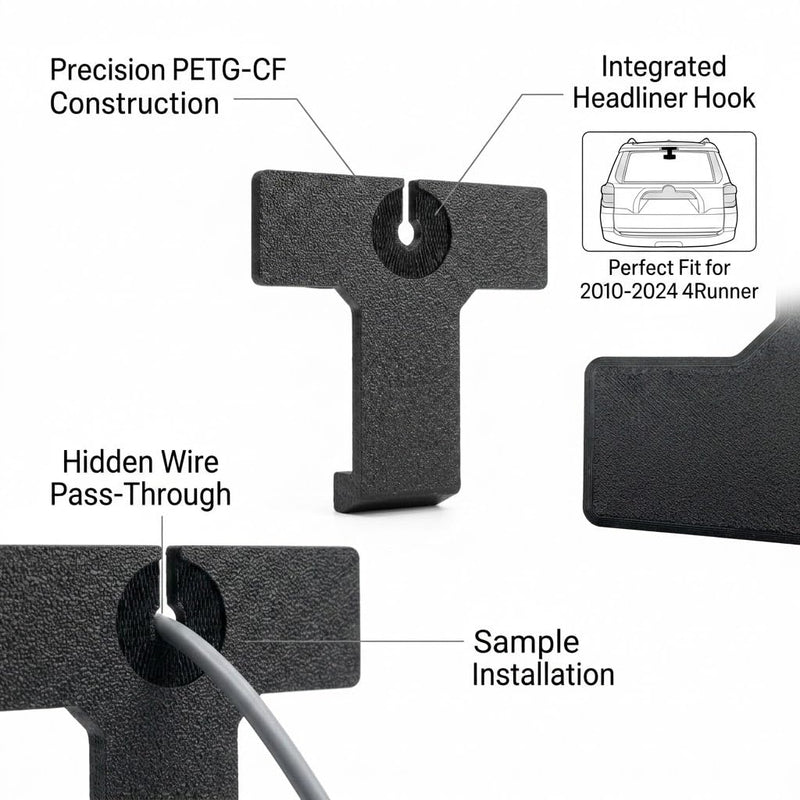 Rear Dash Camera Mount for 4Runner 2010-2024 (5th Gen) – Left/Right Adjustable, Hooks into Headliner, PETG-CF Material