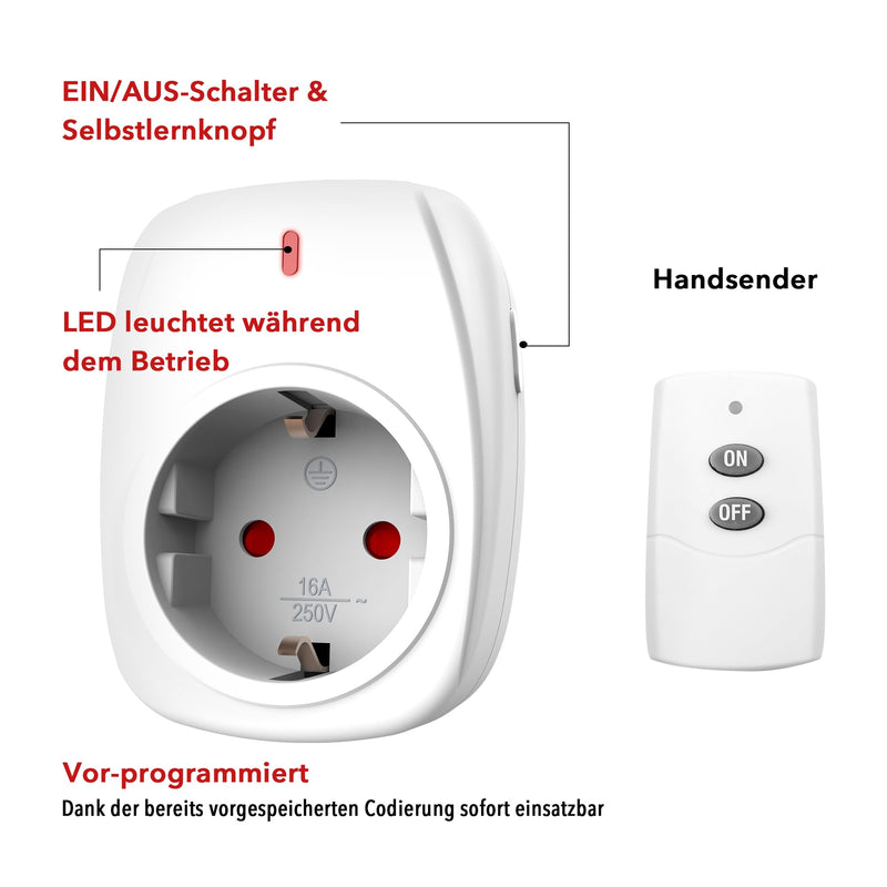 HBN 1 x Radio Socket with 1 Remote Control, 16 A/3,680 W Remote Controlled Plug for Indoor Christmas Decoration, Household Appliances, Range 30 m, White 1er