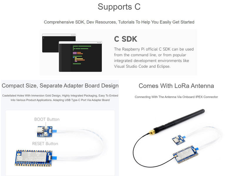 Waveshare LoRa Development Board Kit Based on Raspberry Pi RP2040 Microcontroller Chip, Integrate SX1262 RF Chip, 850~930MHz Frequency, Programmable Emit Power up to 22dBm, Long-Range Communication